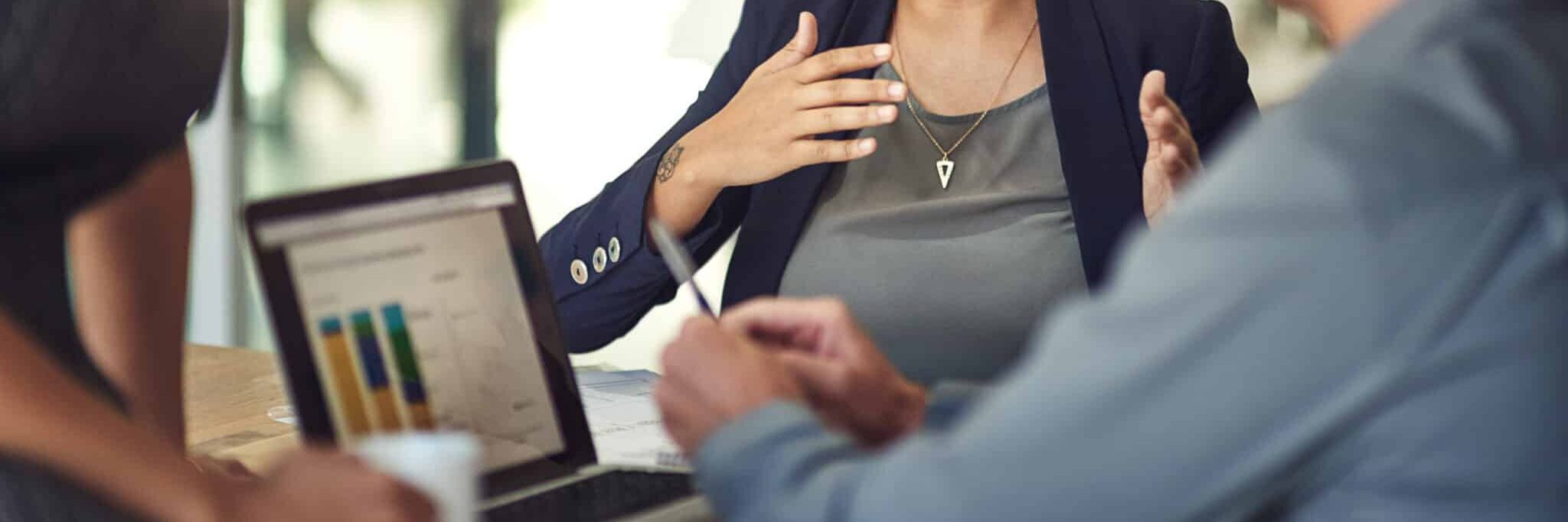 Laptop screen, graphs and business woman for data analysis meeting, financial report or b2b advice for revenue. Increase, accounting stats or finance sales of accountant people or clients on computer