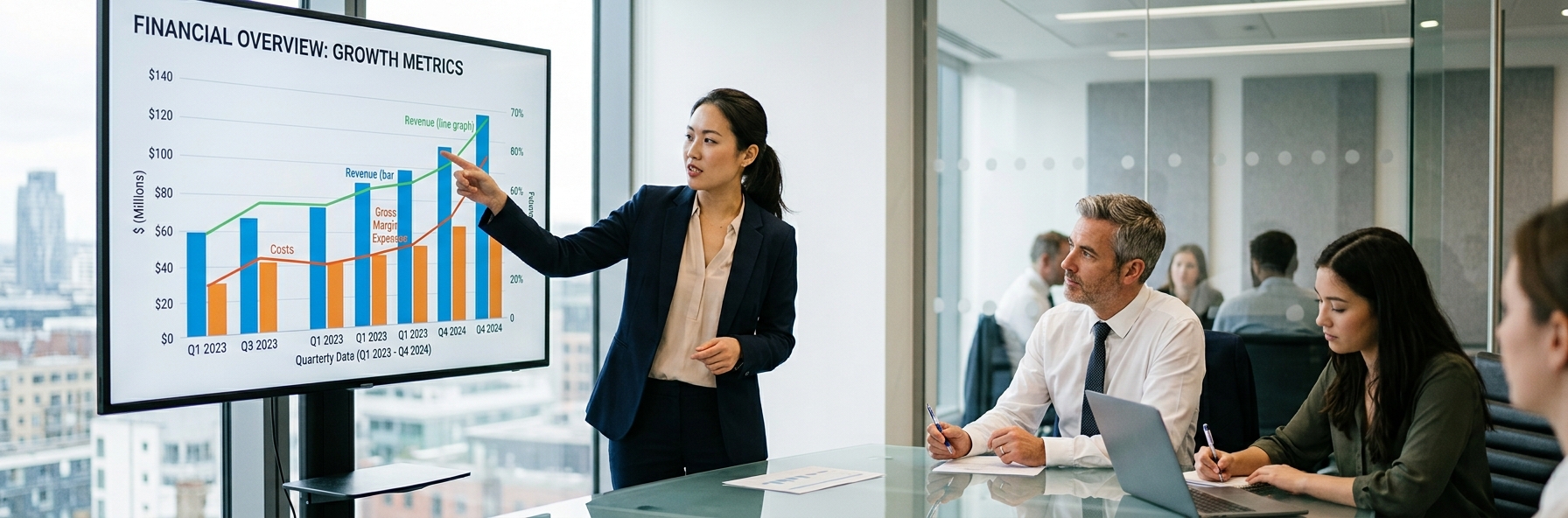 An outsourced accounting service representative explaining a chart to stakeholders in a growing business.
